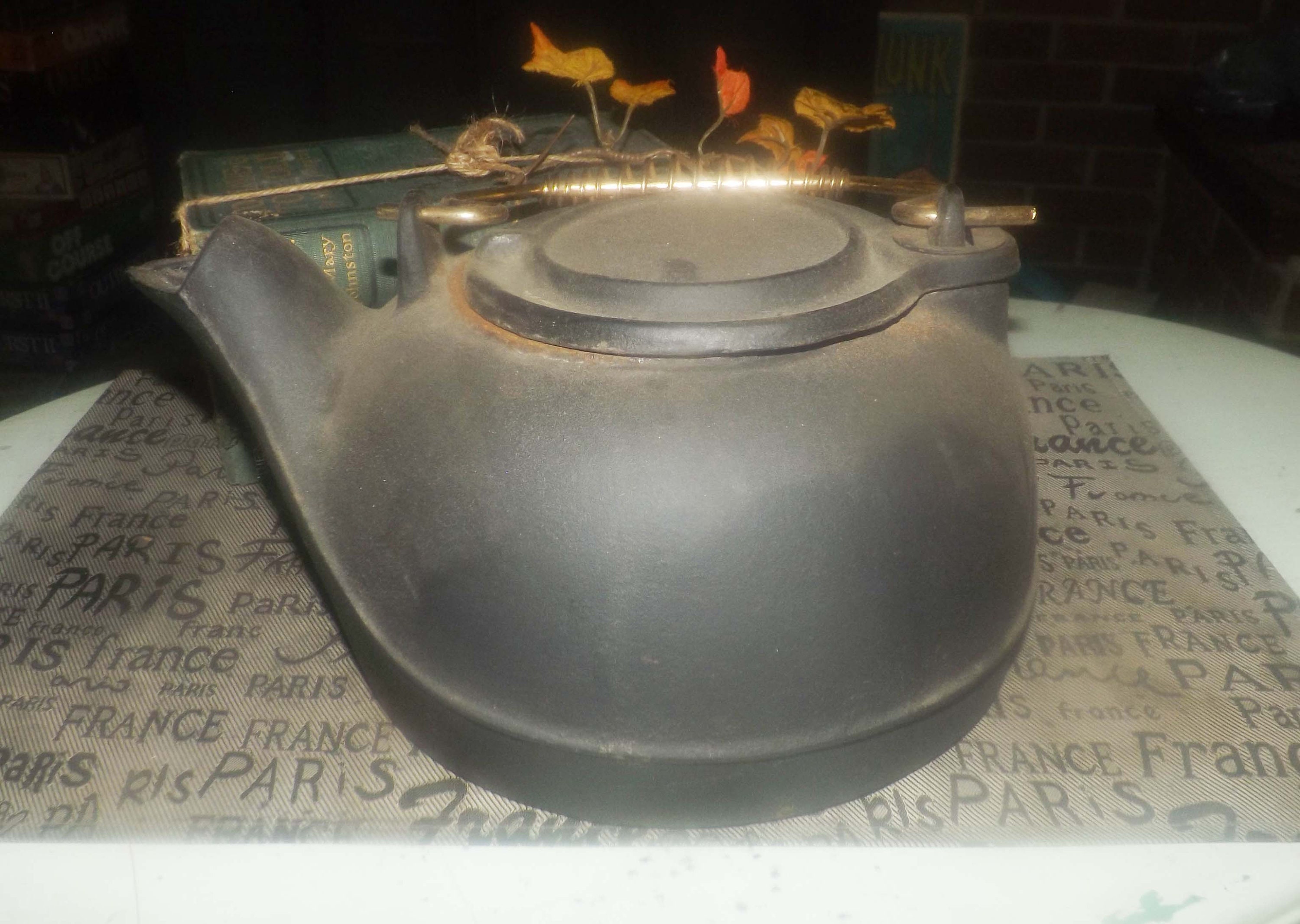 Antique (late 1800s) cast iron kettle teapot with removable metal