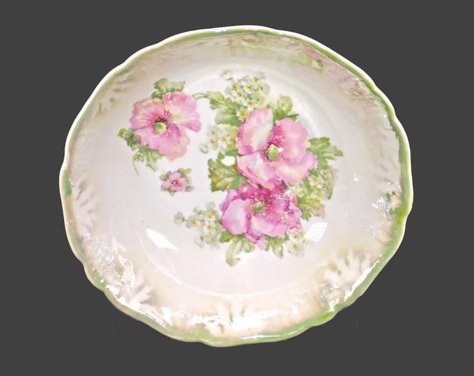 RMK Germany round lusterware serving bowl. Pink florals, green lusterware, embossed details.