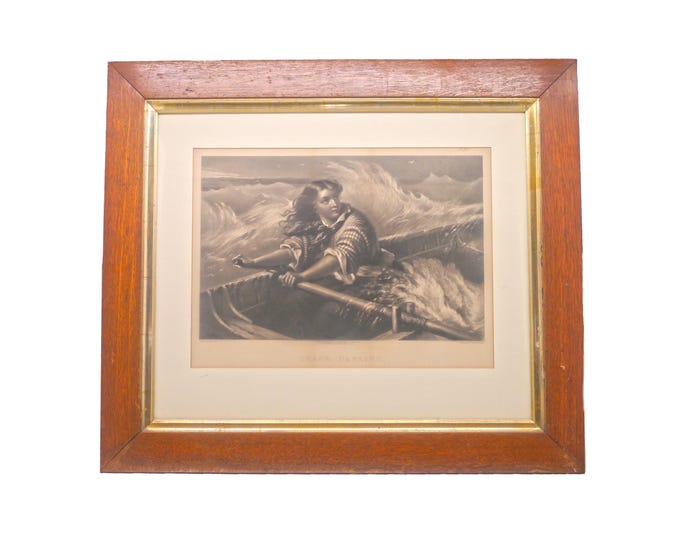 Antique (1870) framed steel plate engraving of Grace Darling by George Zobel. Based on the original work by Thomas Brooks.