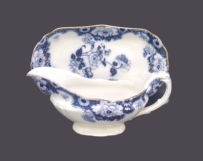 Edwardian Age Wood & Son Cambridge flow-blue gravy boat with under-plate made in England.