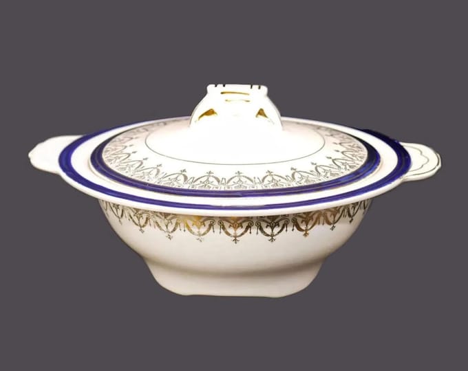 Vintage HK Tunstall 4228 covered serving bowl made England. Cobalt & Filigree