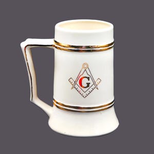 Jarra/jarra de cerveza de cerámica masónica vintage fabricada en EE. UU.