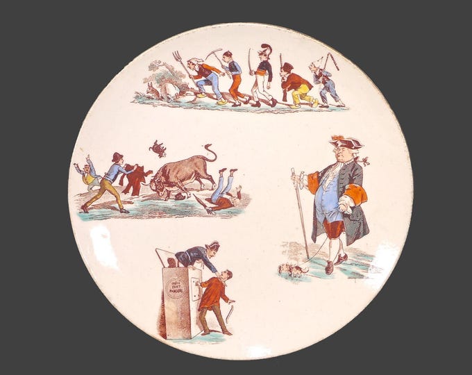 Antique Keller Guerin Luneville Polichinelle hand-painted faience plate. Early 20th-century French life. Flaws (see below).