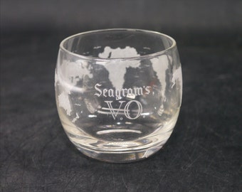 Vintage Seagram's VO roly-poly lo-ball glass with world map.