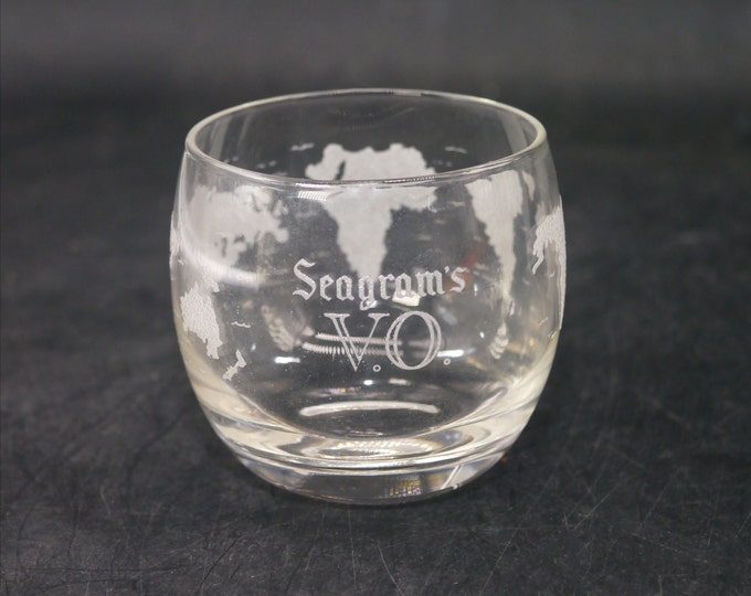 Seagram's VO lo-ball, on-the-rocks, whisky neat glass. Frosted, etched world map.