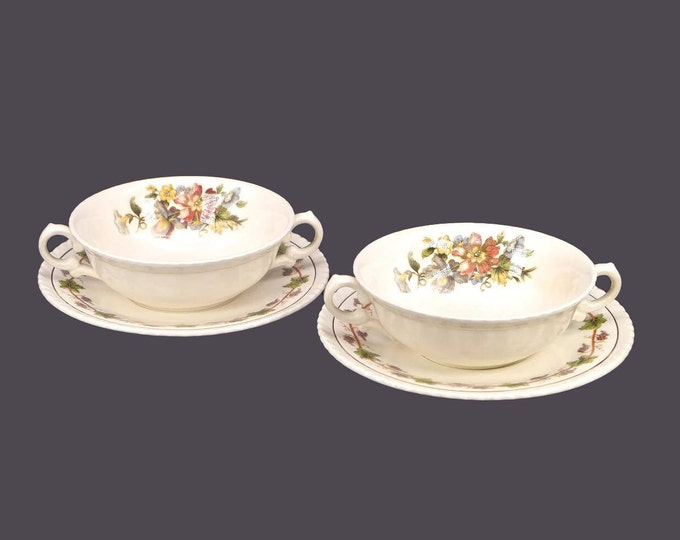 Pair of antique Crown Ducal Riviera bouillon sets | cream soup sets made in England.