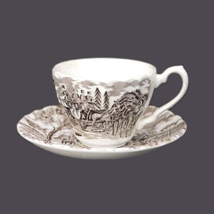 Vintage Myott Royal Mail kop en schotel: bruine transferware coachingscène