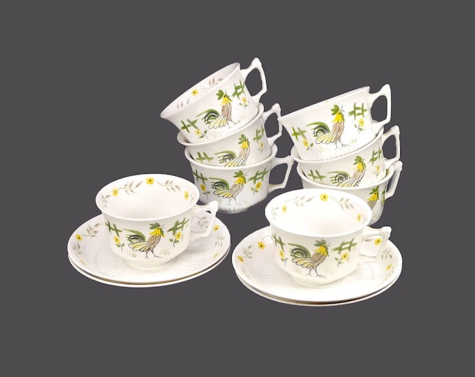 William Adams Good Morning Rooster cups and saucers. Micratex Real English Ironstone made in England.