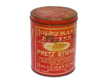 Antique Holtzman's Pretzel Sticks tin made in Pennsylvania USA. Tin-tight packaging.
