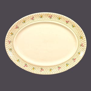May include: A white oval serving platter with a gold and floral design. The platter has a woven pattern with small pink, yellow, and blue flowers.
