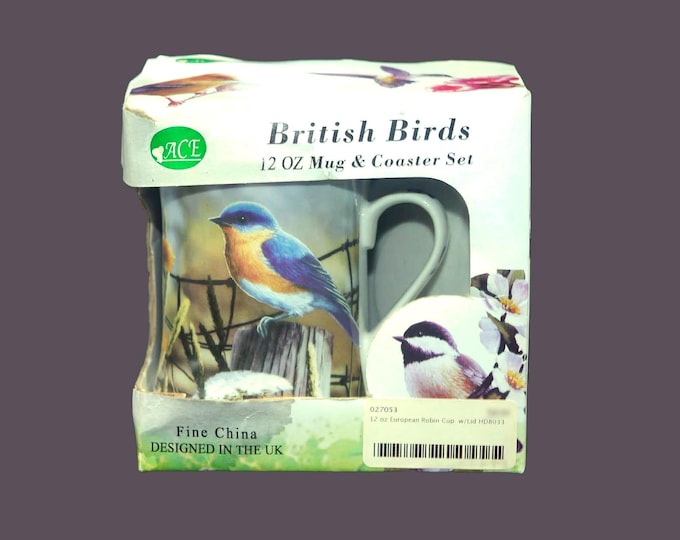 Royal Elfreda British Birds boxed mug and coaster | lid set. European Robin. Unused in original box.