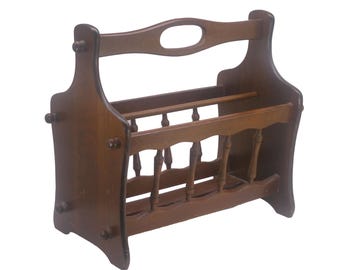 MCM Wooden Magazine Rack, Newspaper Holder. Brown wood, spindles: Taiwan