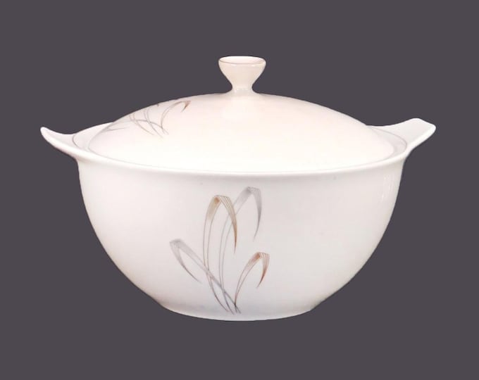 Porzellan Mirella lugged covered serving bowl made in Germany. Gray leaves on white, platinum accents.