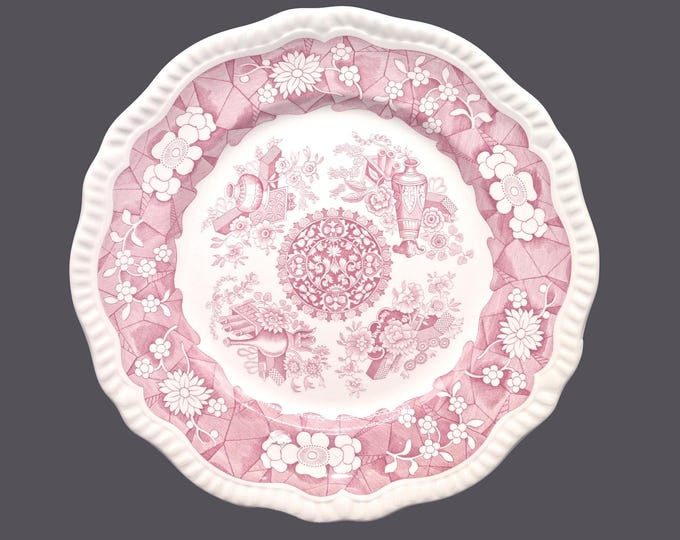 Spode Archive Collection Cranberry Regency Series Trophies floral dinner plate made in England.