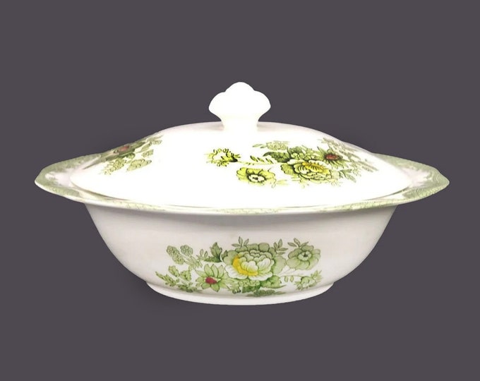 Wedgwood Kent Green Multicolor round, rimmed, covered serving bowl. Green transferware made in England.