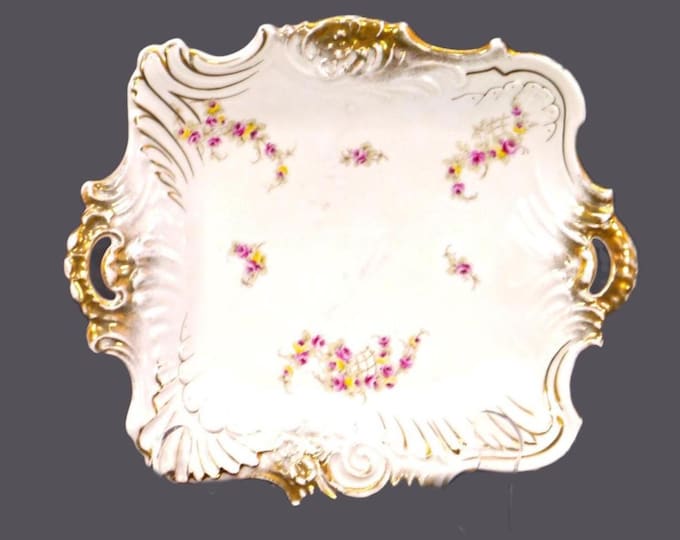 Royal Crown Dresden handled cake, cookie, pastry serving plate. Hand-painted florals made in Germany. Flaws (see below).