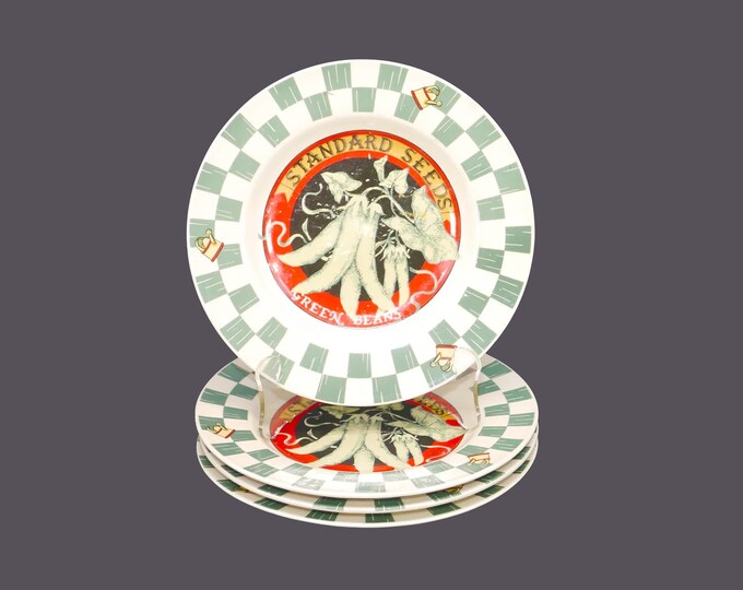 Four Tienshan Farmer's Market stoneware salad plates. Green beans, Standard Seeds. Pattern wear (see below).