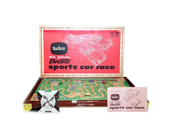 Mid century Tru Action Electric Sports Car Race Game Model 530 made in USA by Tudor Metal Products. Complete with instructions.