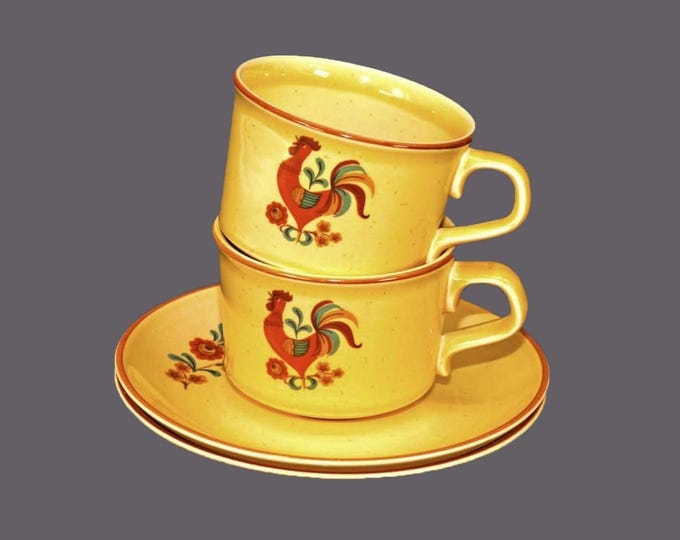 Pair of Taylor Smith & Taylor Reveille Red Trim cup and saucer sets. Rooster. USA made.