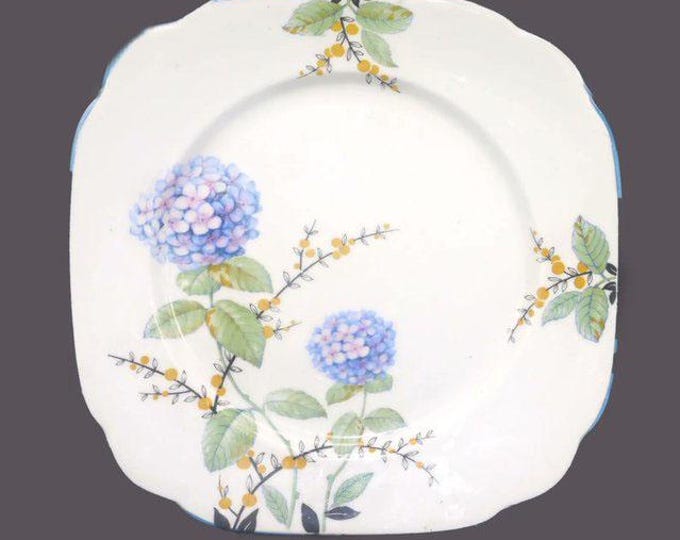 Art-deco era Royal Albert Crown China Hydrangea square salad plate. Blue trim. England.