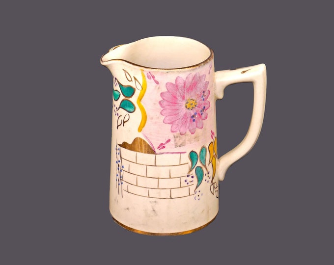 Sadler pitcher. Pink teal florals garden wall. Made in England. Flaws (see below).
