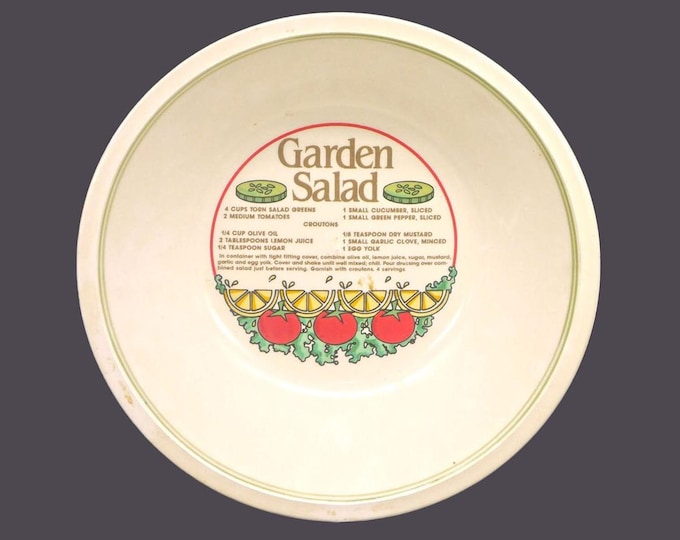 Attributed Mount Clemens Pottery Garden Salad large round rimmed salad serving bowl. Garden Salad Recipe in center.