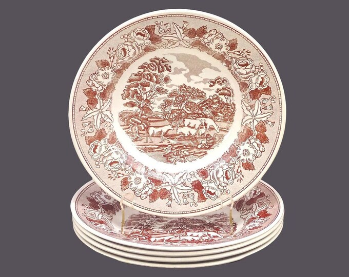Five Fontebasso Swiss Landscape Brown transferware rimmed soup or individual pasta bowls made in Italy.
