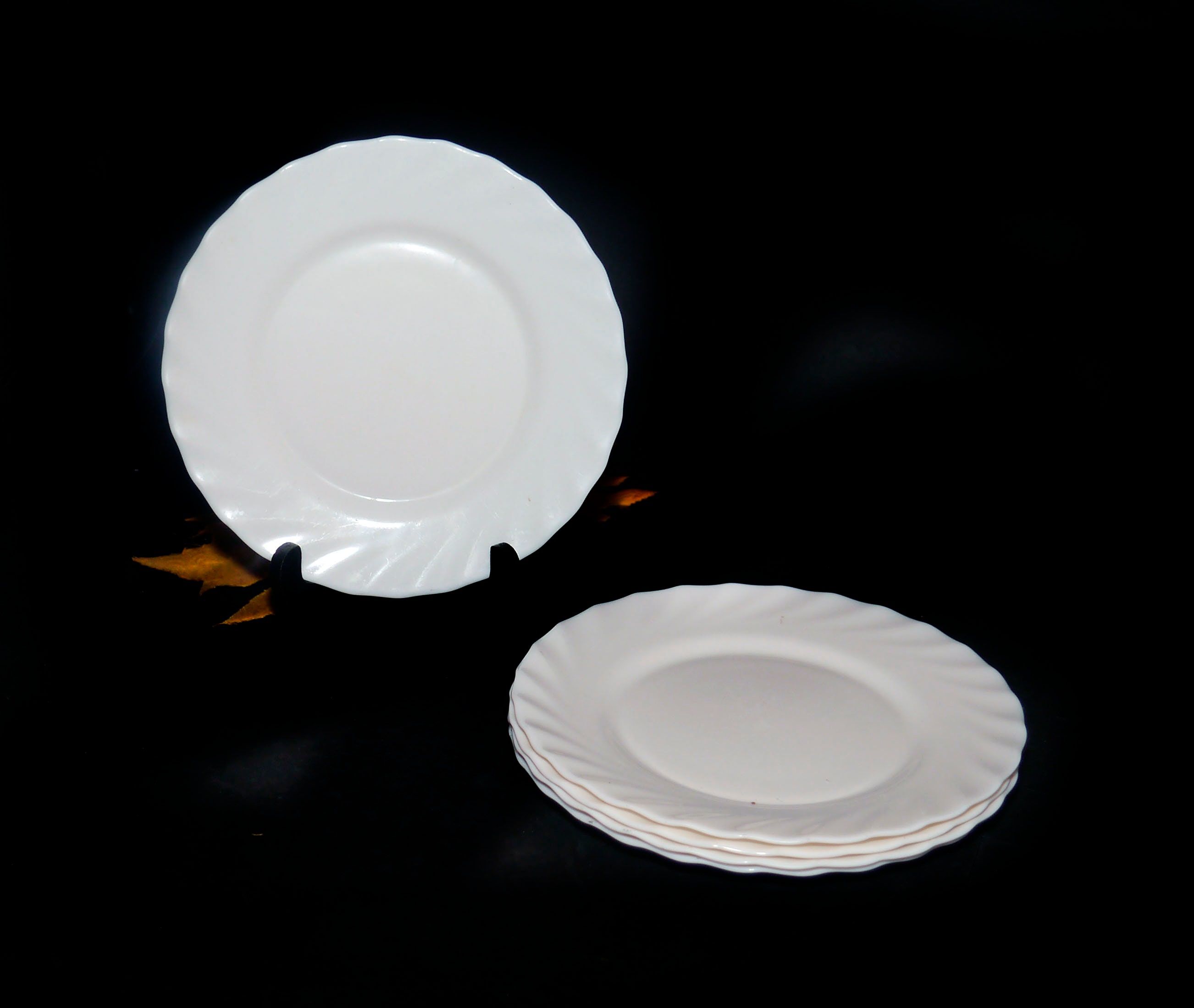 Set of five Arcopal Trianon salad or side plates. All-white milk glass ...