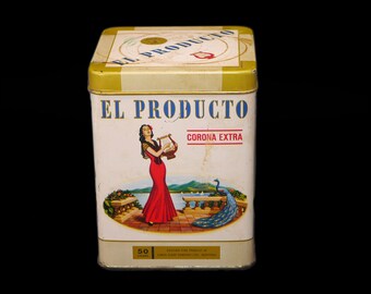 Mid-century El Producto Corona Extra 50-cigar lidded tin (empty). Simon Cigar Co Montreal, Canada.
