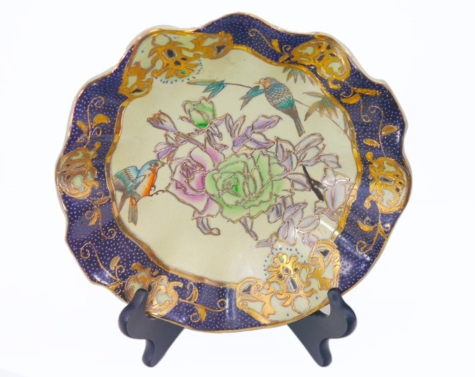Chinese Cloisonné clay bowl. Chinoiserie birds florals ruffled rim, cobalt, moriage details.
