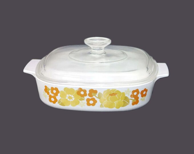 Corning Summerhill 1-quart square casserole with original domed-glass lid made in USA.