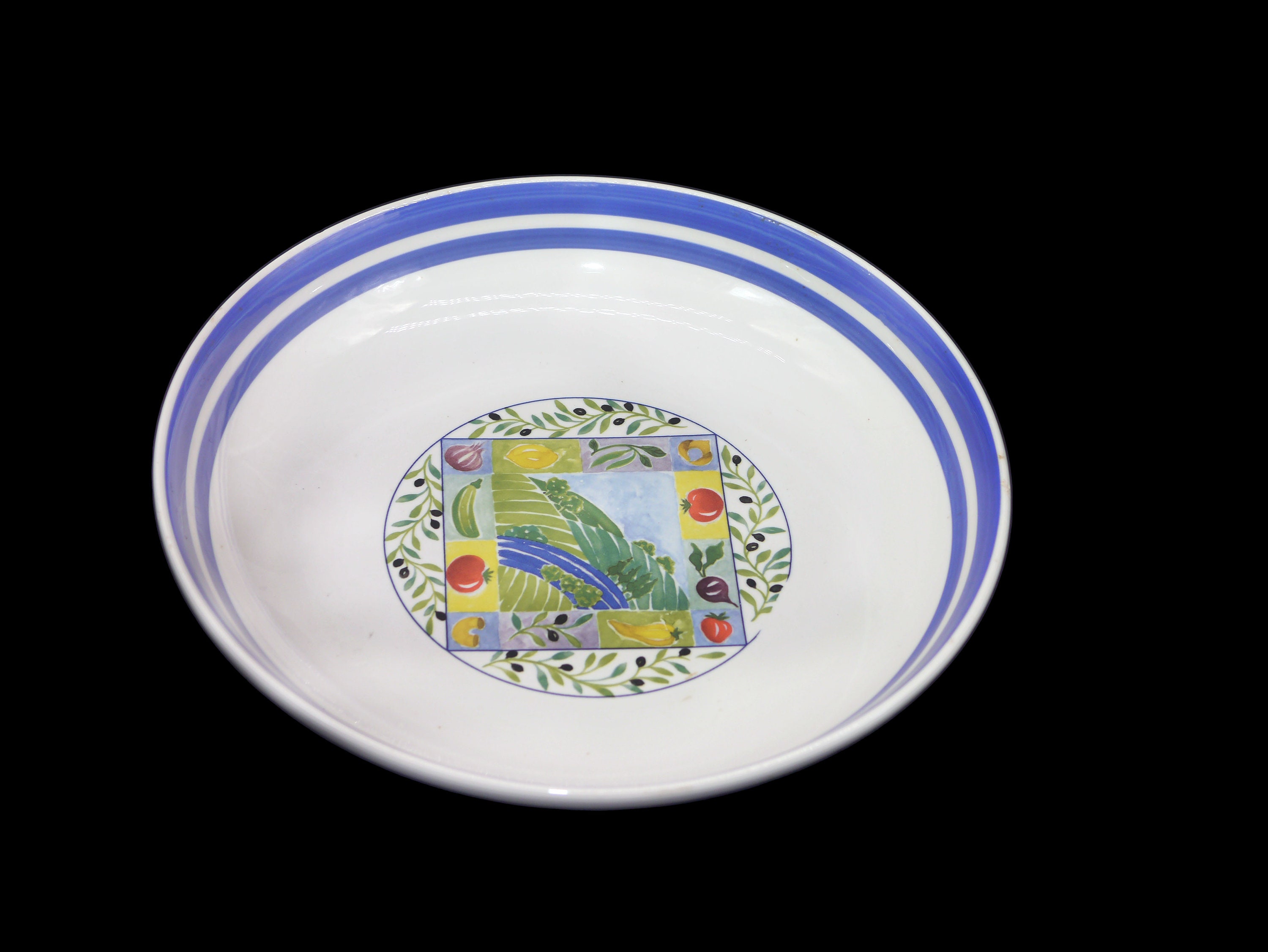 Himark large pasta or salad serving bowl. Central tomatoes and olives, blue bands. Made in Italy