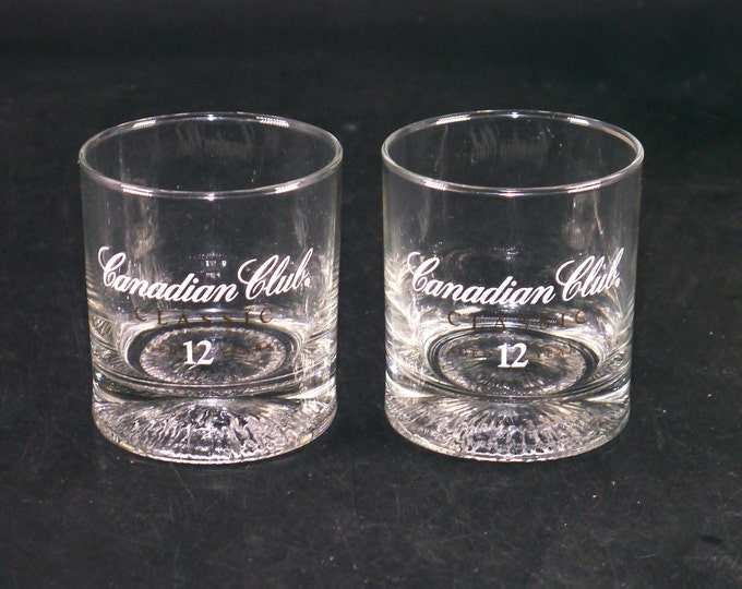 Pair of Canadian Club Classic etched-glass lo-ball, whisky, old-fashioned glasses. Commercial-quality glassware.