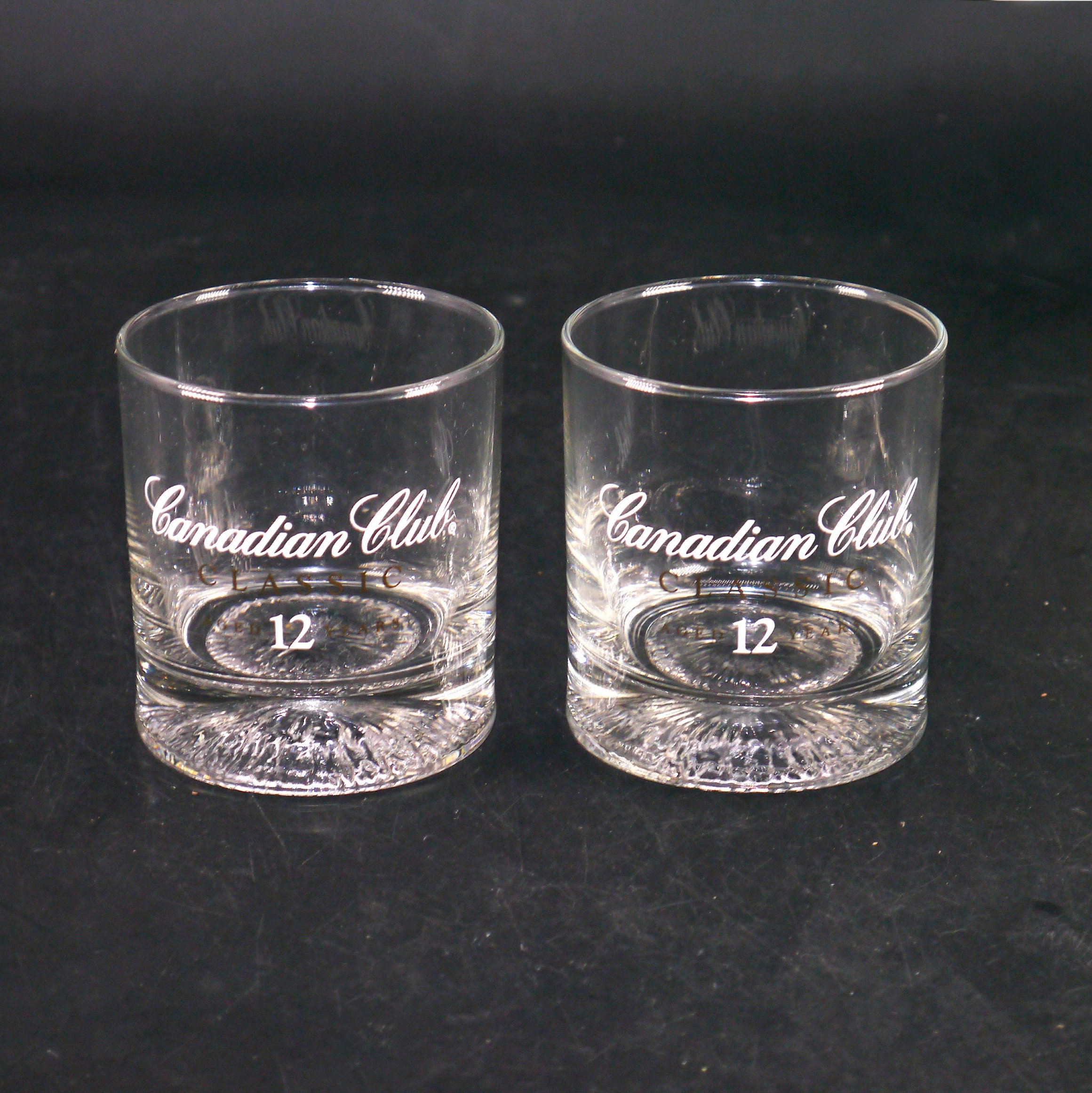 Pair of Canadian Club Classic etchedglass loball, whisky, old