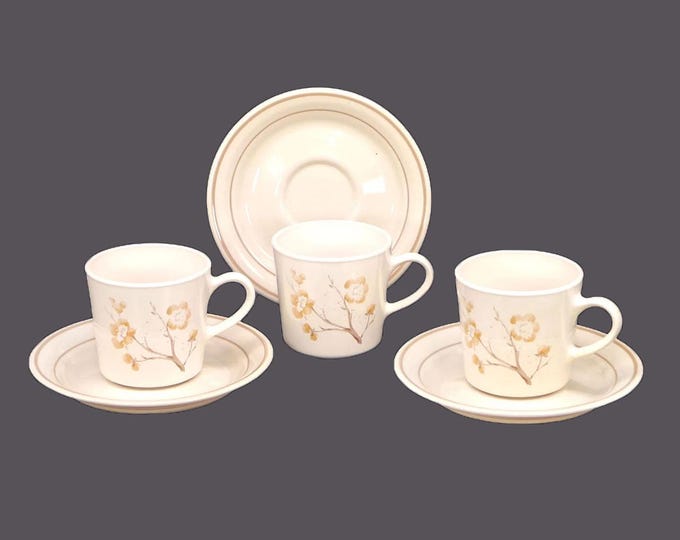 Three Corning China Blossom cup and saucer sets. Corning Corner Stone tableware made in the USA.