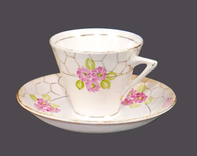 Almost antique Phoenix China 7017 hand-decorated pink honeycomb cup and saucer set. Bone china made in England. Flaws (see below).