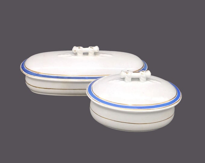 Antique Victorian-era Wedgwood & Co. Royal Stone men's five-piece toiletry set. Lidded razor box, covered soap dish with liner.