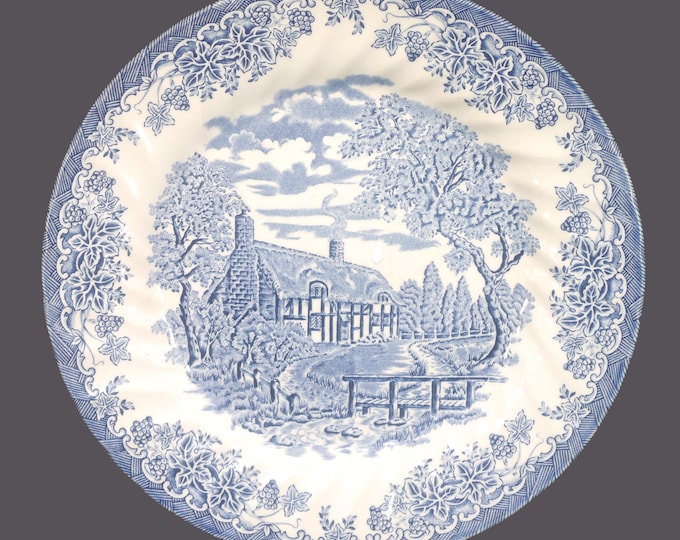 Vintage Churchill China The Brook Blue dinner plate. Blue-and-white tableware made in England.