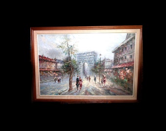 Early 20th Century Marie Charlot framed original oil on canvas of l'Arc de Triomphe and Paris street scene. Signed bottom right.