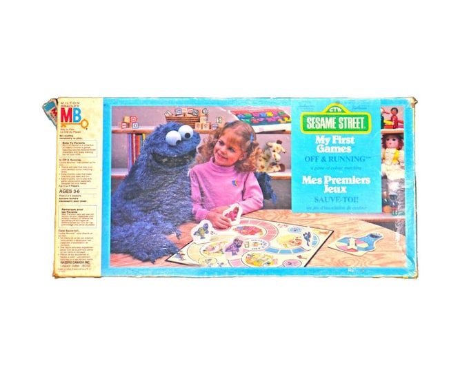 Sesame Street Off and Running Cookie Monster board game published Milton Bradley 1986. My First Games series. Complete.