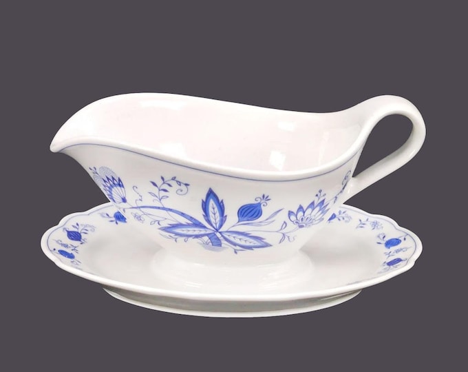 Form Marienbad Ingres Weiss Blue Onion gravy boat with attached under-plate. Classic blue-and-white tableware made in Germany.