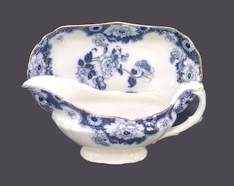 Antique Wood & Son Cambridge flow-blue gravy boat with under-plate made in England.