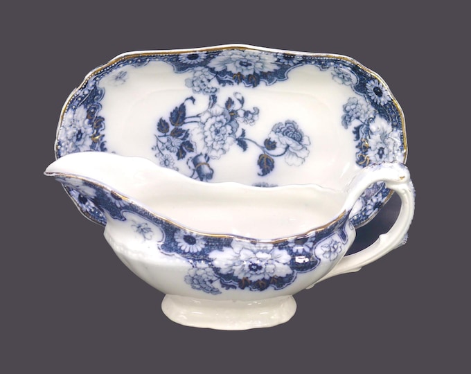 Antique Edwardian Age Wood & Son Cambridge flow-blue gravy boat with under-plate made in England.