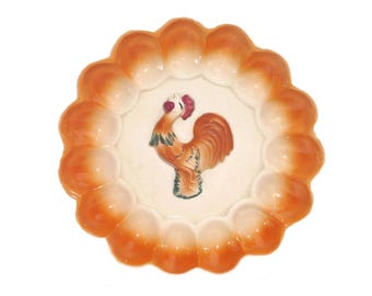Vintage Deviled Egg serving plate. Majolica Rooster center. Holds 15 eggs.