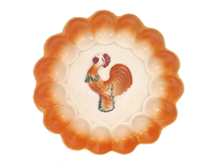 Vintage Deviled Egg serving plate. Majolica Rooster center. Holds 15 eggs.
