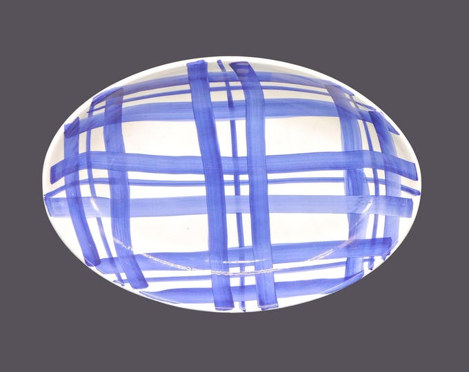 Pier 1 Blue-and-white plaid oval pasta serving bowl. Hand painted, made in Italy.