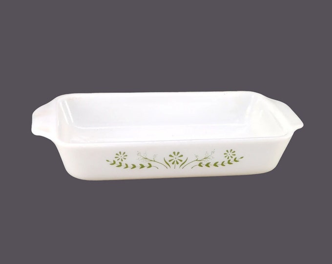 Retro McKee Glass Glasbake MG21 | 427 milk glass rectangular 1-quart casserole. Green daisies. Made in USA.