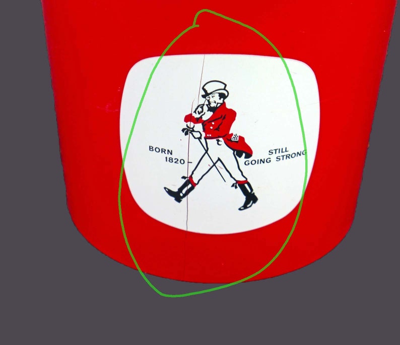 May include: A white circle with a red and black illustration of a man in a top hat and red coat walking with a cane. The text "Born 1820" and "Still Going Strong" are on either side of the man. The circle is on a red background.