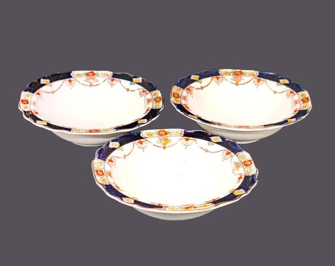 Three Myott Derby 7773 rimmed imari cereal bowls made in England.