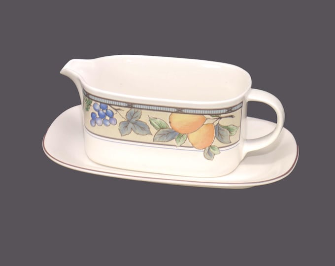 Vintage Mikasa Garden Harvest CAC29 gravy boat with underplate. Intaglio Stoneware.